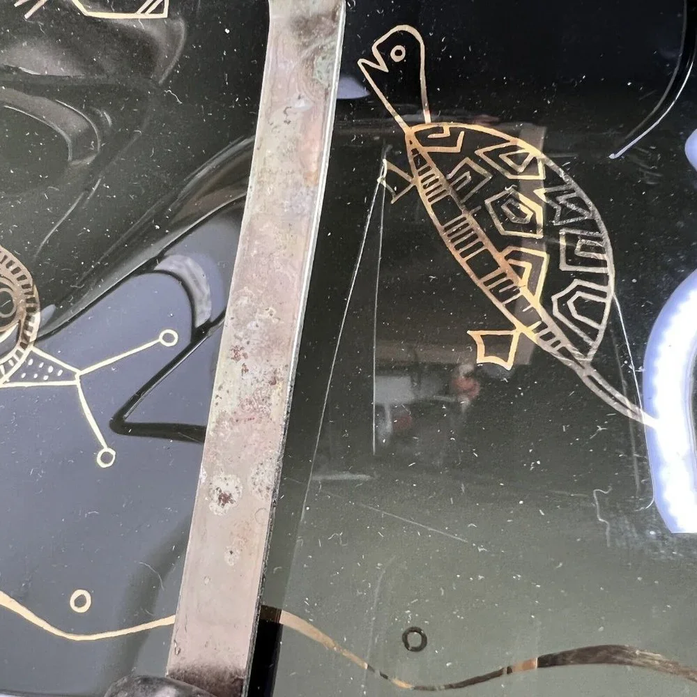 2 Tier Black Glass Tray Dish Gold Sea Creatures‎ Candle Holder MCM Chip Dip VTG